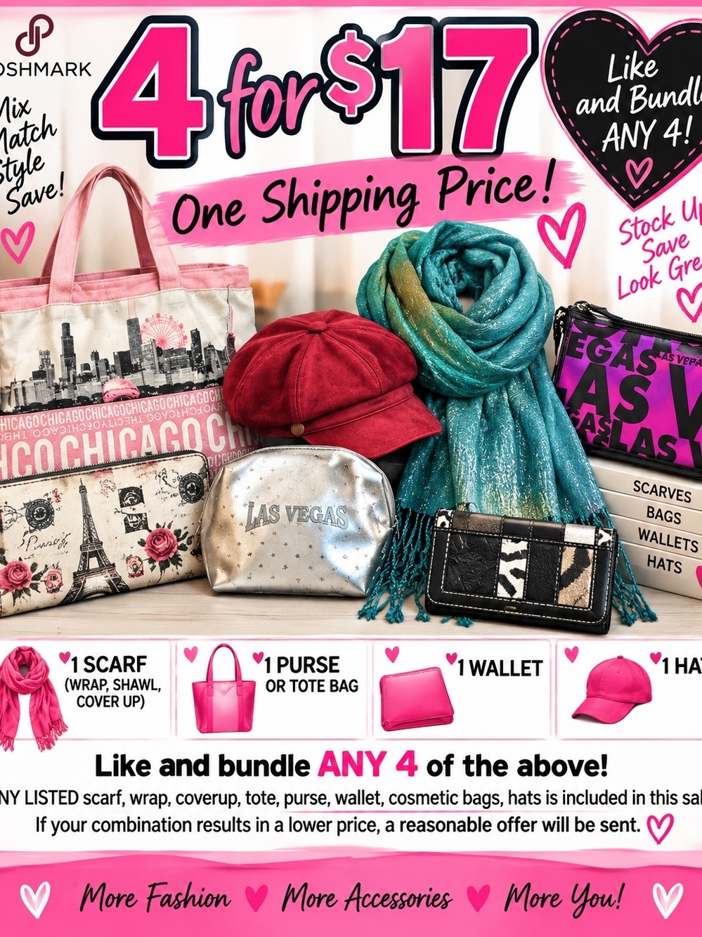 Sale ❤️4 For $17 Accessories (Purse/Tote, Wallet, Scarf/Wrap& Hat). Stock Up